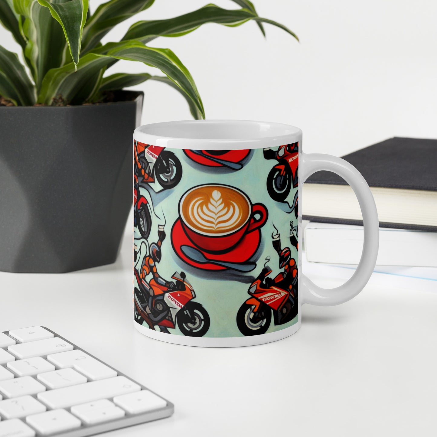 motorcycle mug on desk