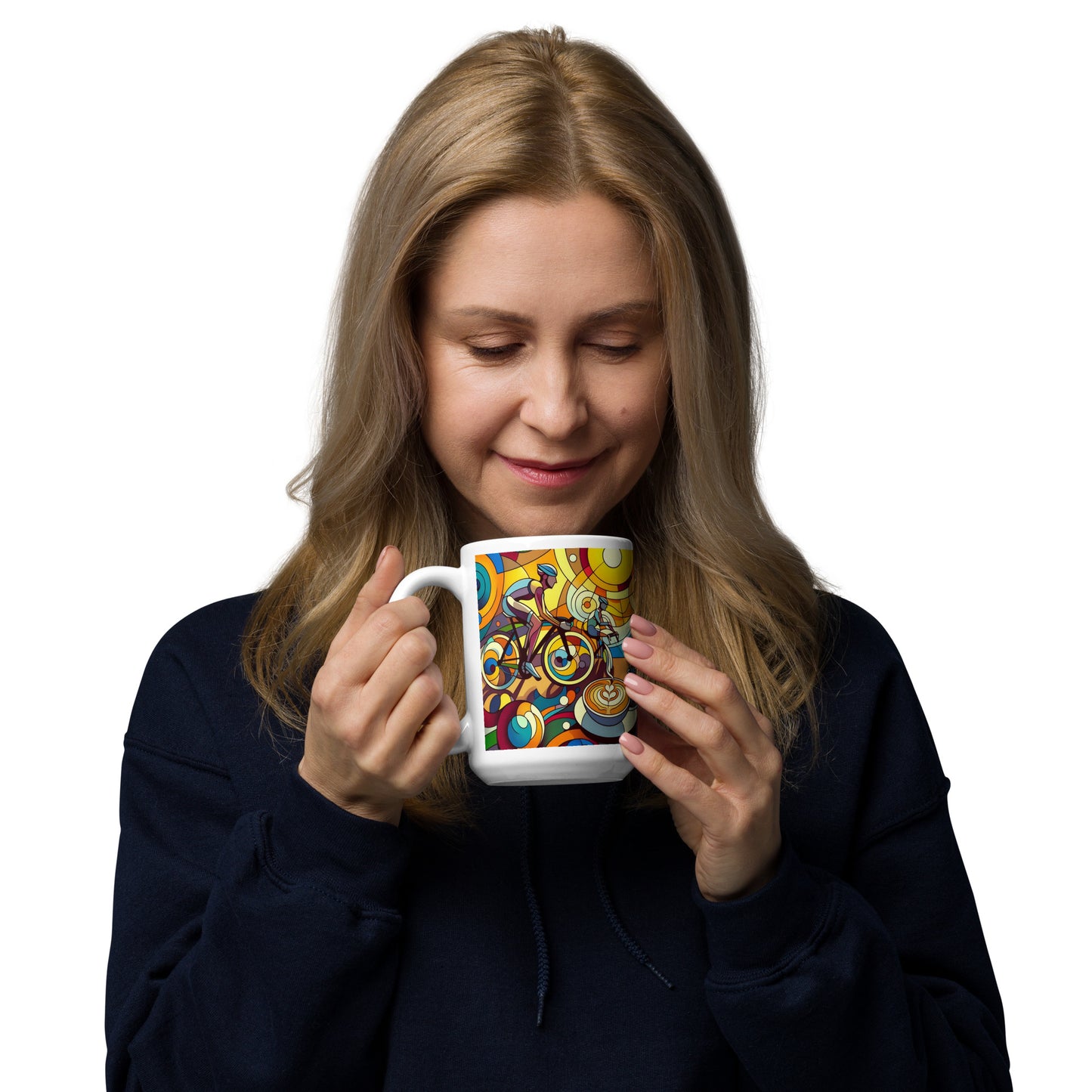 woman enjoys coffee from new mug