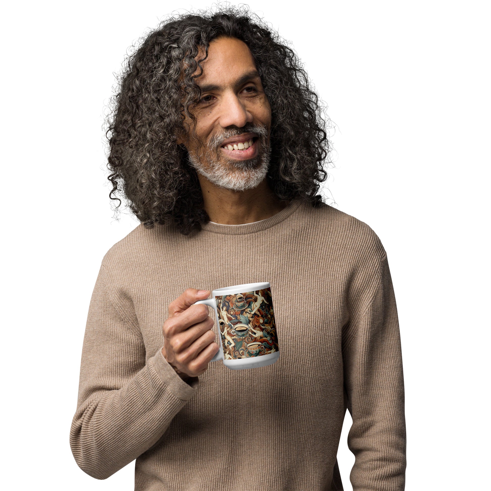 man enjoys drink of coffee