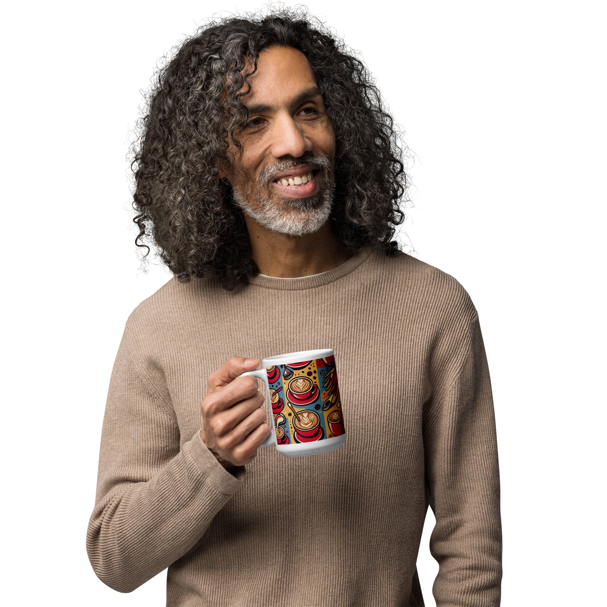 man smiling with new mug