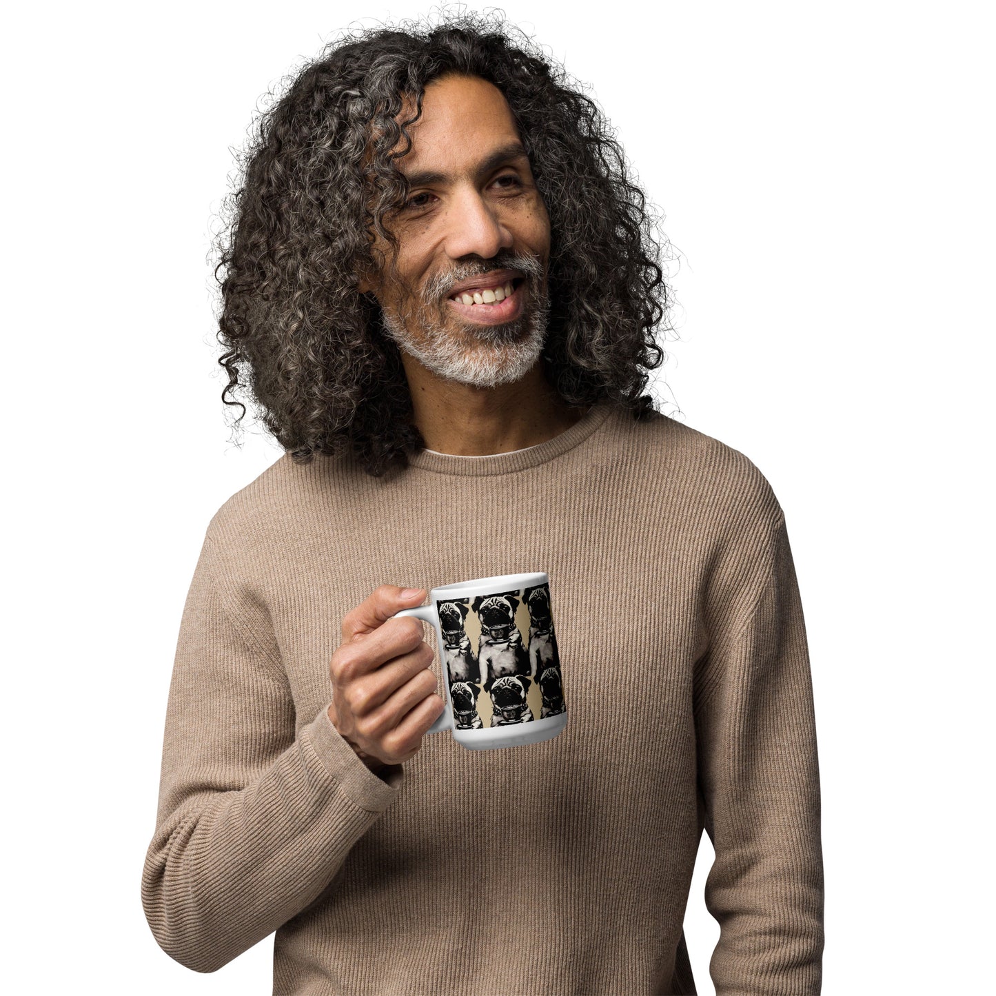 man smiling with mug art mug