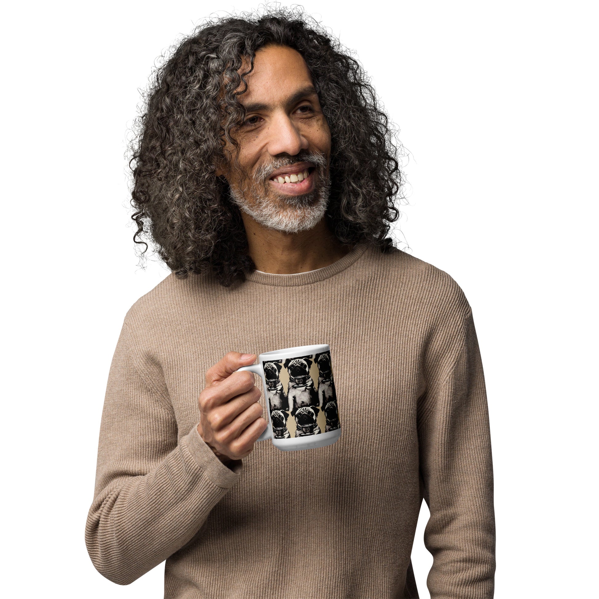 man smiling with mug art mug