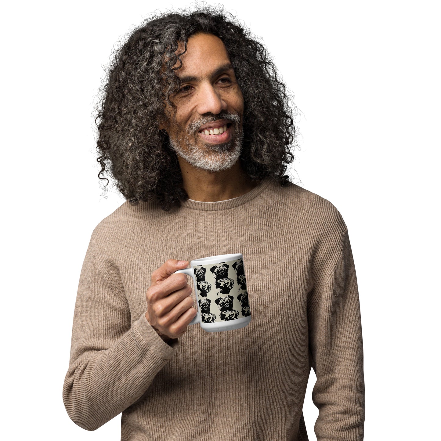 man drinking from new mug