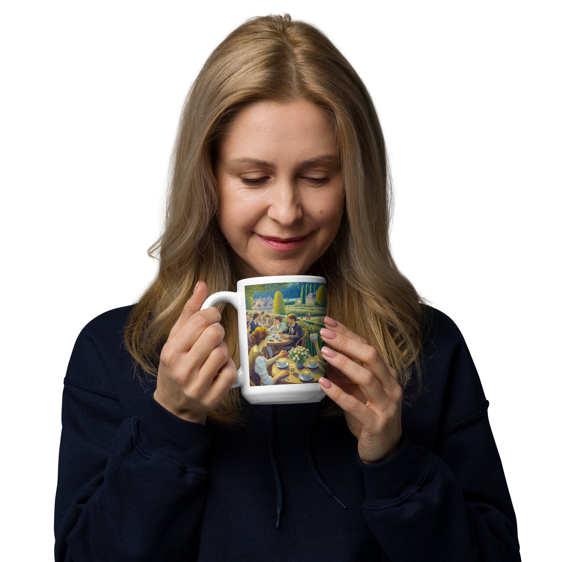 woman holds fine art mug