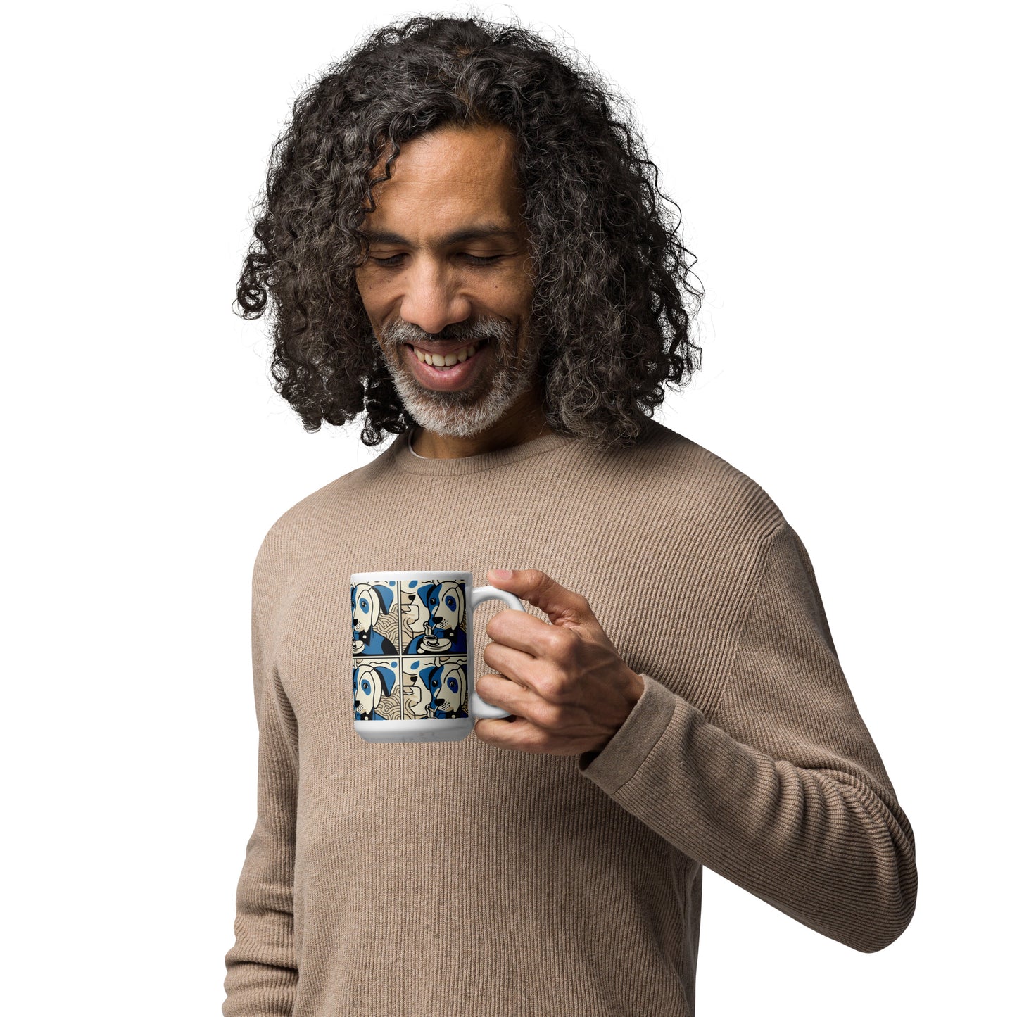 man drinking from dog themed mug